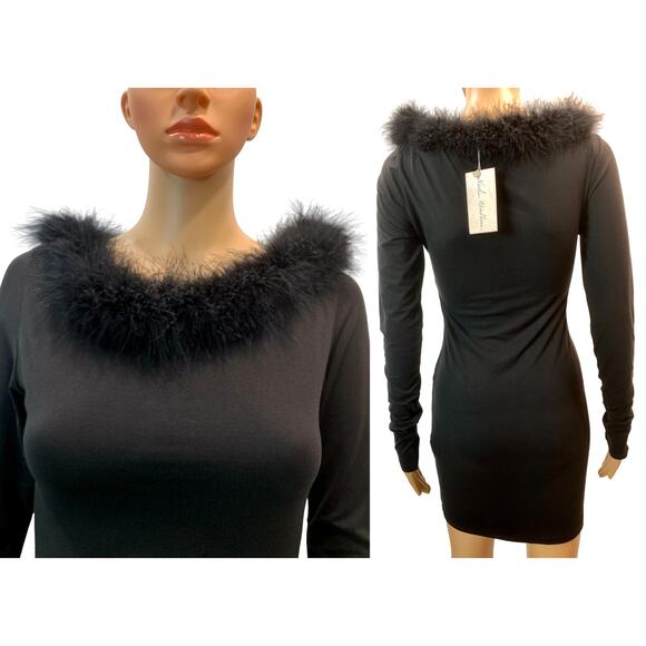 NEW Vintage Nadia Aboulhosn Mini Dress Black Marabou Trim - Picture 6 of 8